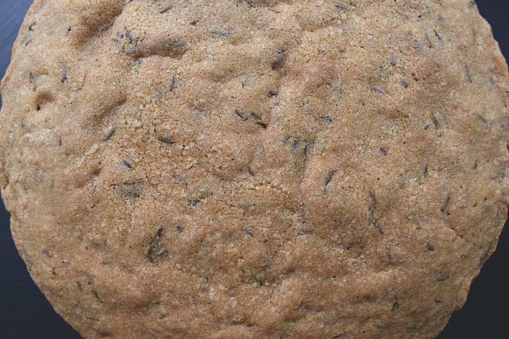 Whole Old Fashioned Caraway Seed Cake viewed from above.
